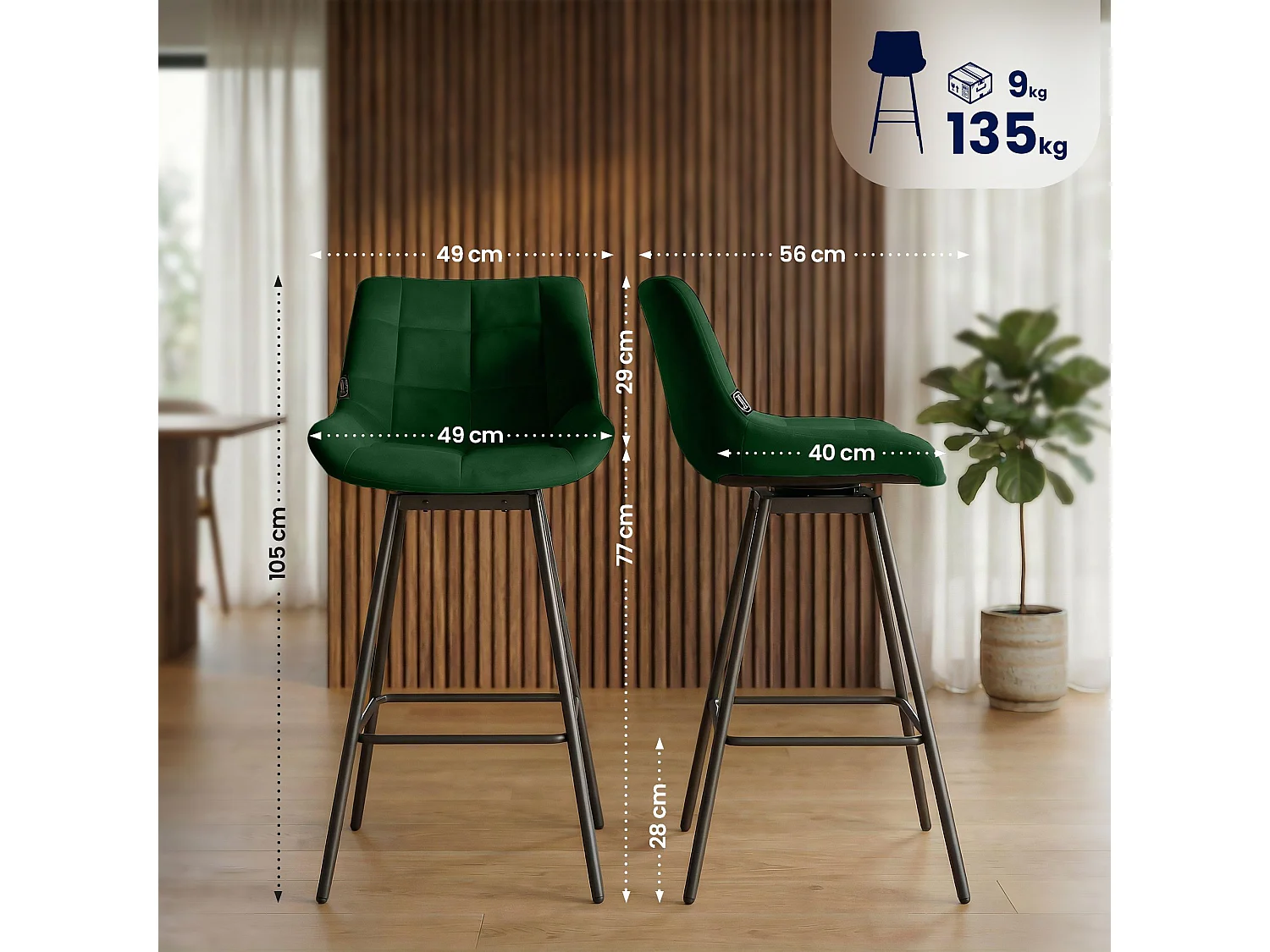 Tabouret de bar - Velours - Vert foncé - Weston