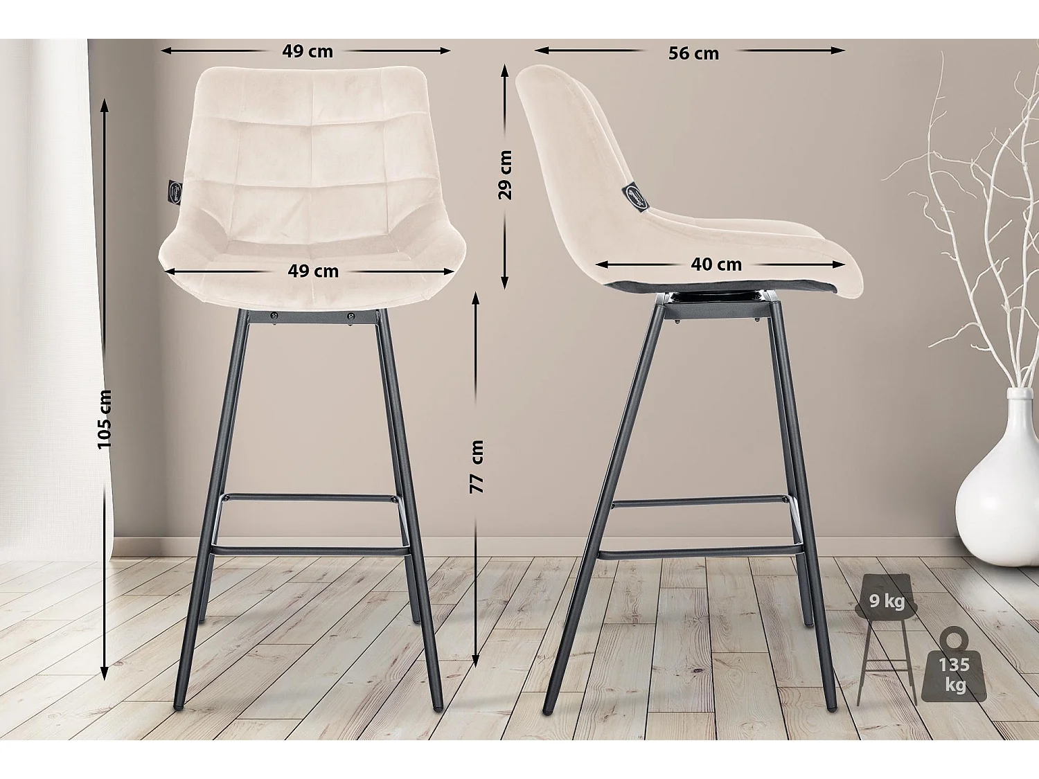 Tabouret de bar - Velours - Crème - Weston