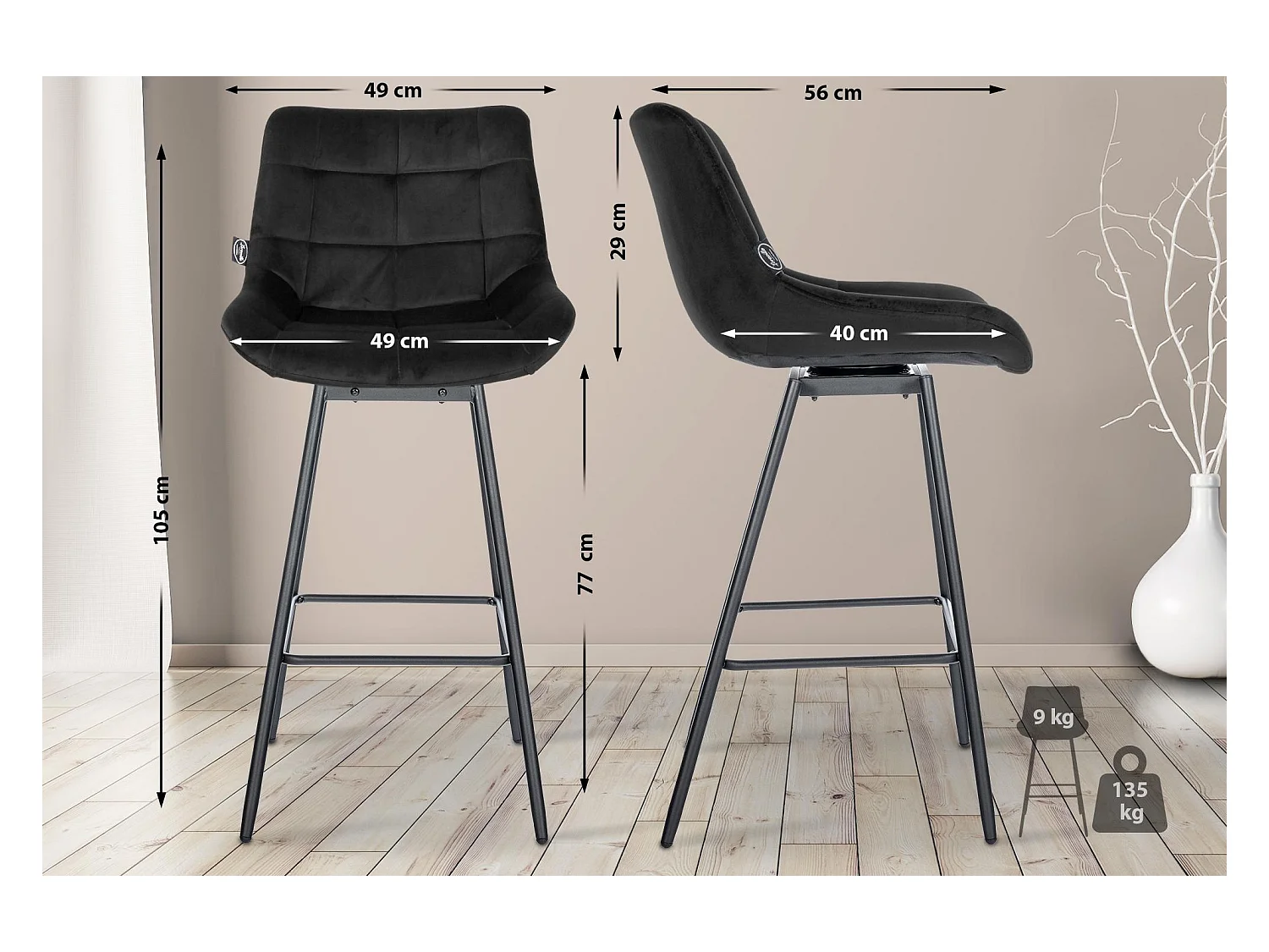 Tabouret de bar - Velours - Noir - Weston