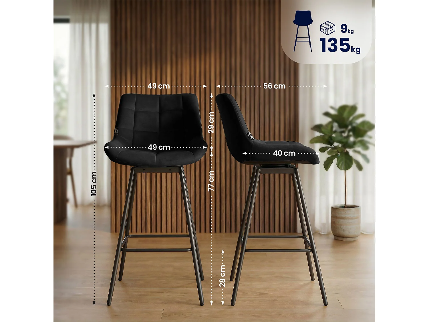 Tabouret de bar - Velours - Noir - Weston