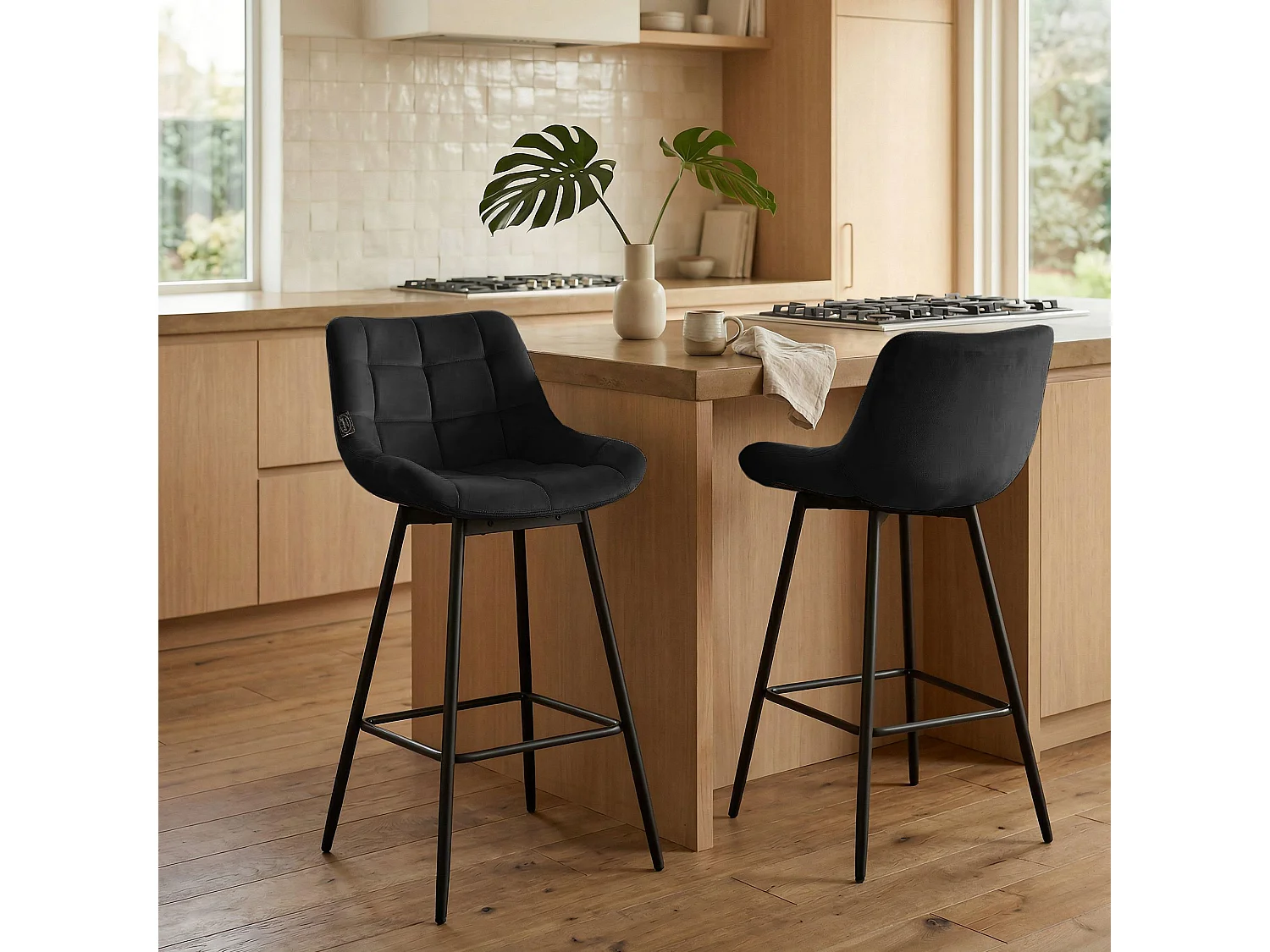 Tabouret de bar - Velours - Noir - Weston