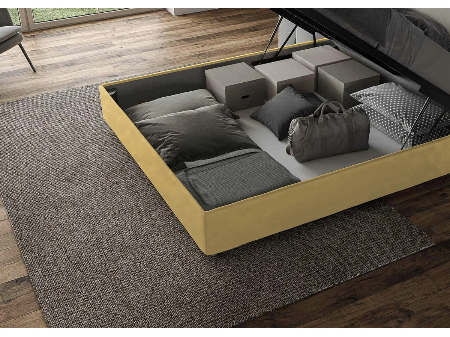 Recipiente acolchoado em microfibra ocre Azelia Cama Sommier 90x190