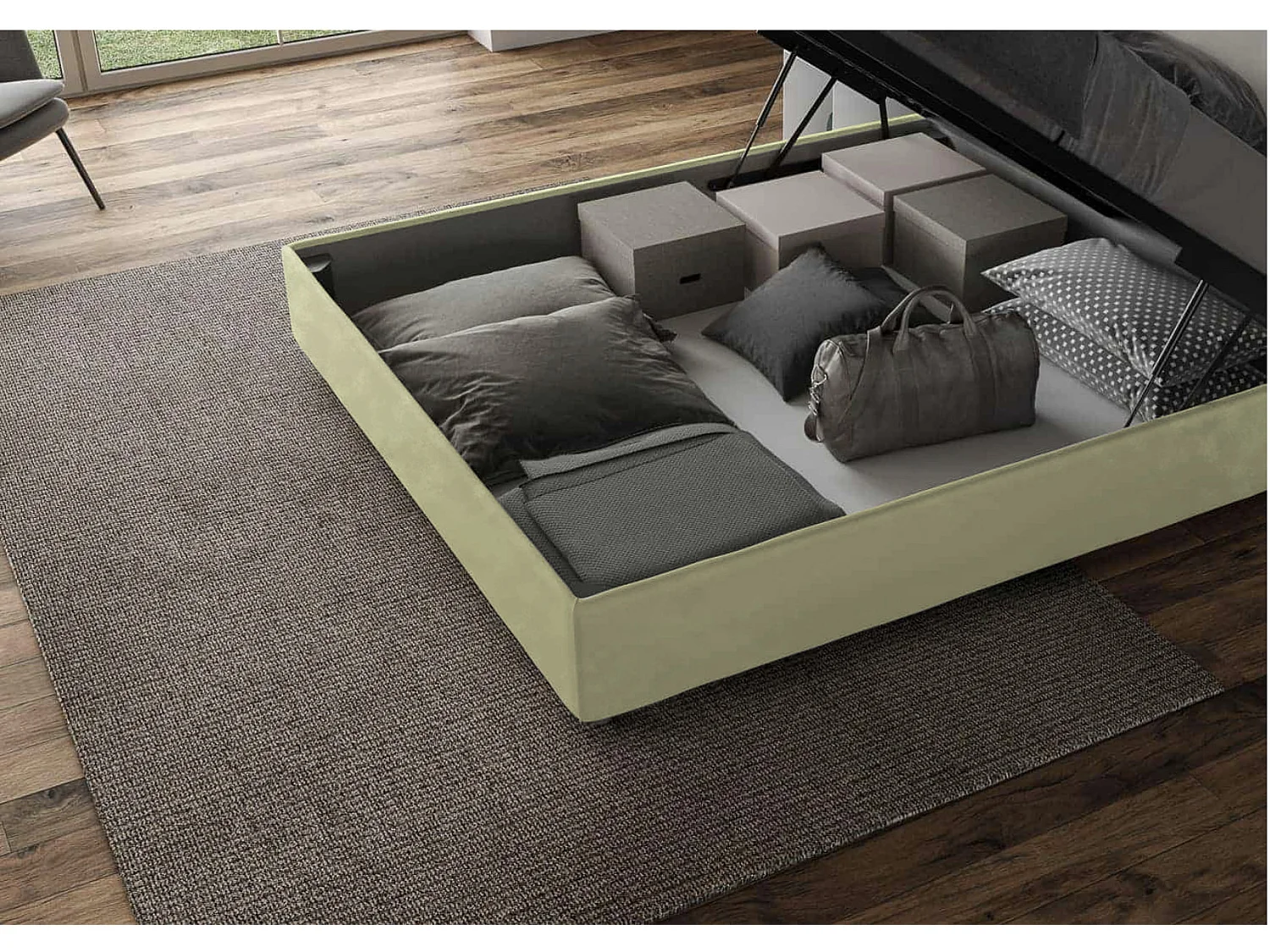 Cadre de lit moderne microfibre Avika-Couleur Vert kaki-90x190-Option Avec coffre