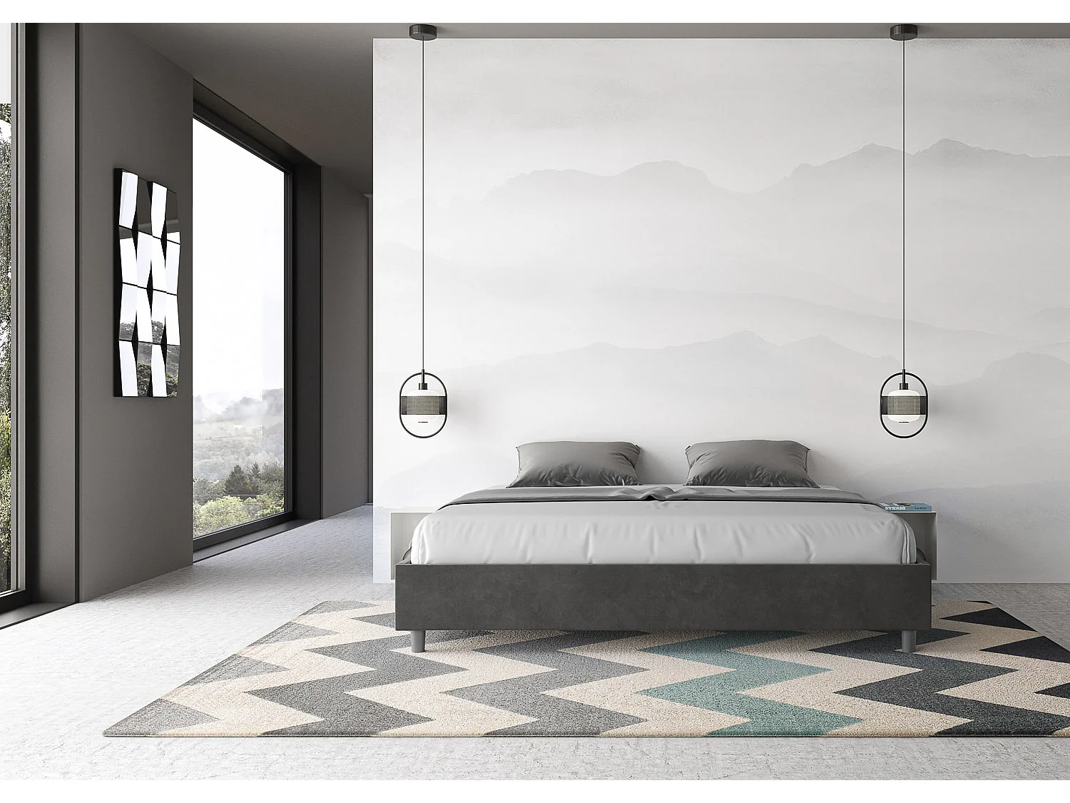 Cama Sommier sem base acolchoada 200x200 microfibra cinza Azelia