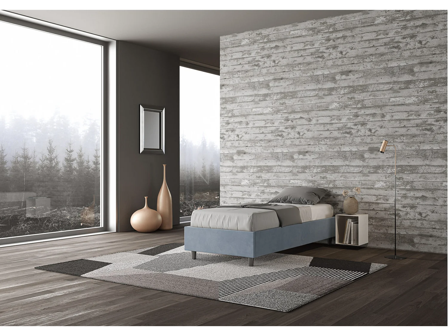 Letto Sommier senza rete imbottito 90x190 microfibra azzurro Azelia