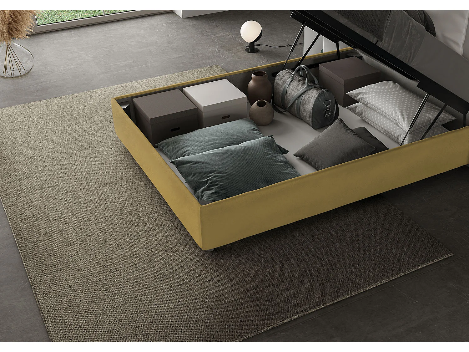 Gestoffeerd Bed 140x190 met opbergruimte microvezel oker Azelia