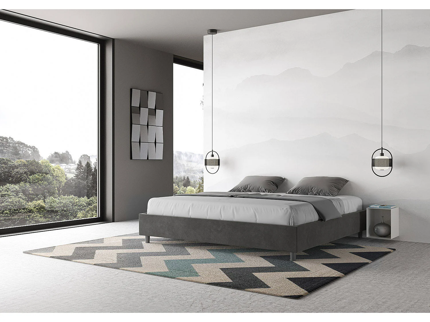 Lit coffre rembourré 180x200 microfibre gris Azelia