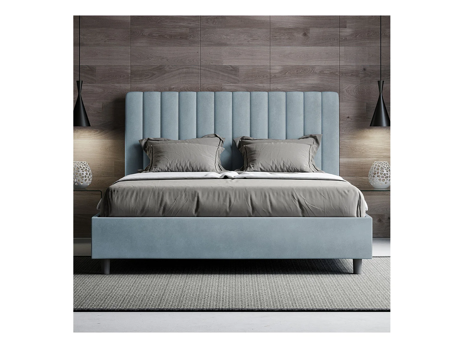 Lit double coffre rembourré 140x190 microfibre bleu clair Agueda