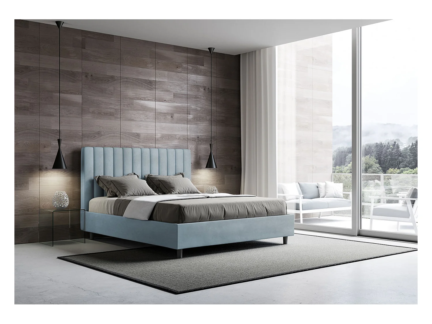 Lit double coffre rembourré 140x190 microfibre bleu clair Agueda