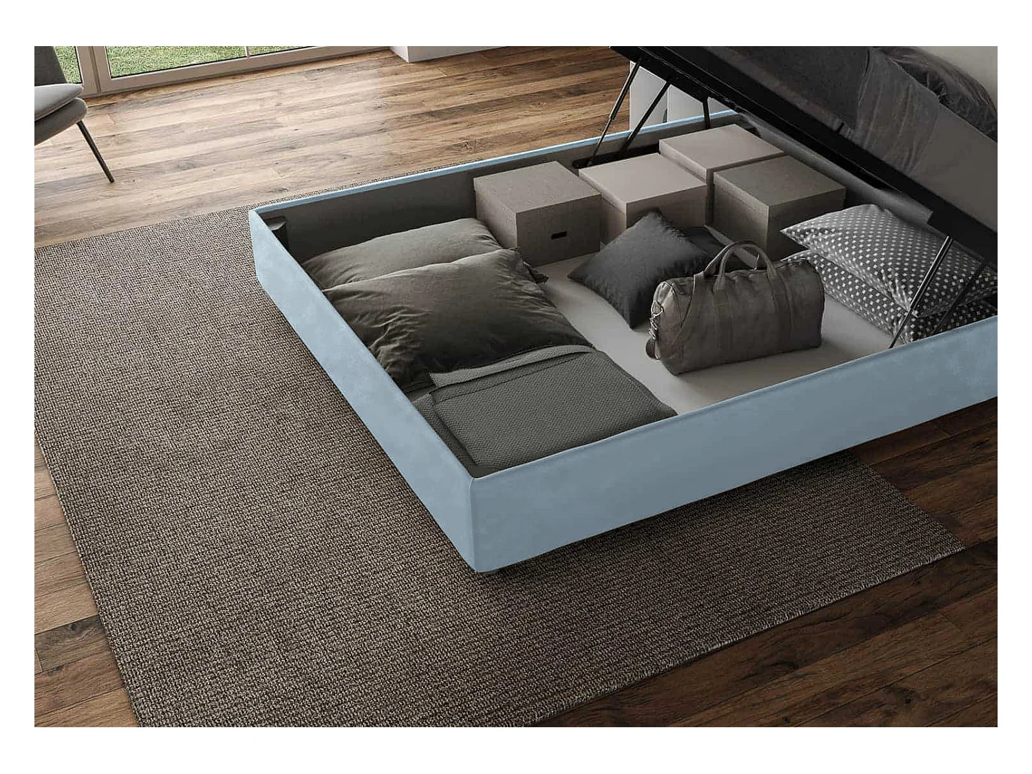 Lit double coffre rembourré 140x190 microfibre bleu clair Agueda