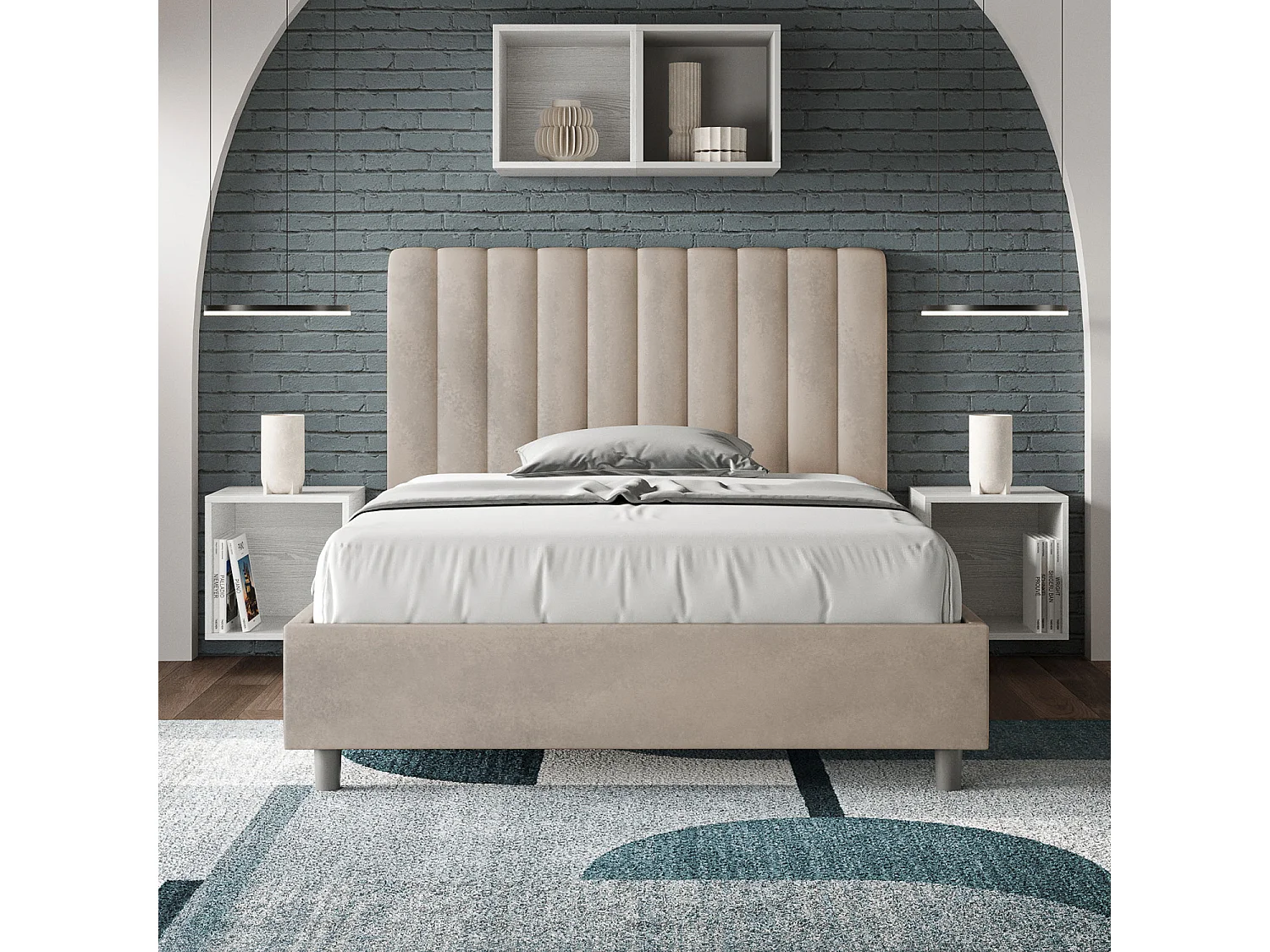 Lit 1 place et demi coffre rembourré 120x190 microfibre sable Agueda
