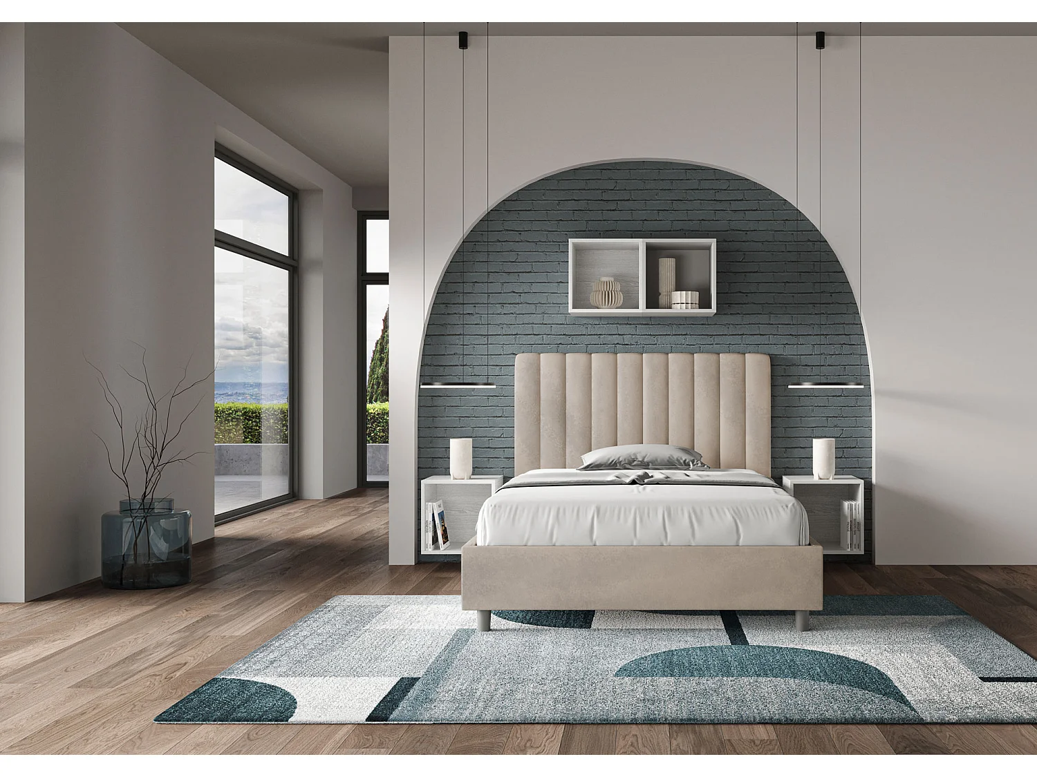 Lit 1 place et demi coffre rembourré 120x190 microfibre sable Agueda