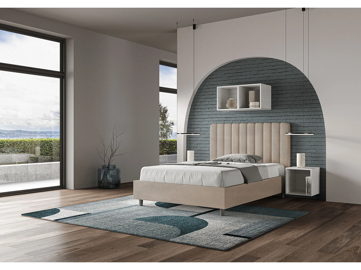 Lit 1 place et demi coffre rembourré 120x190 microfibre sable Agueda