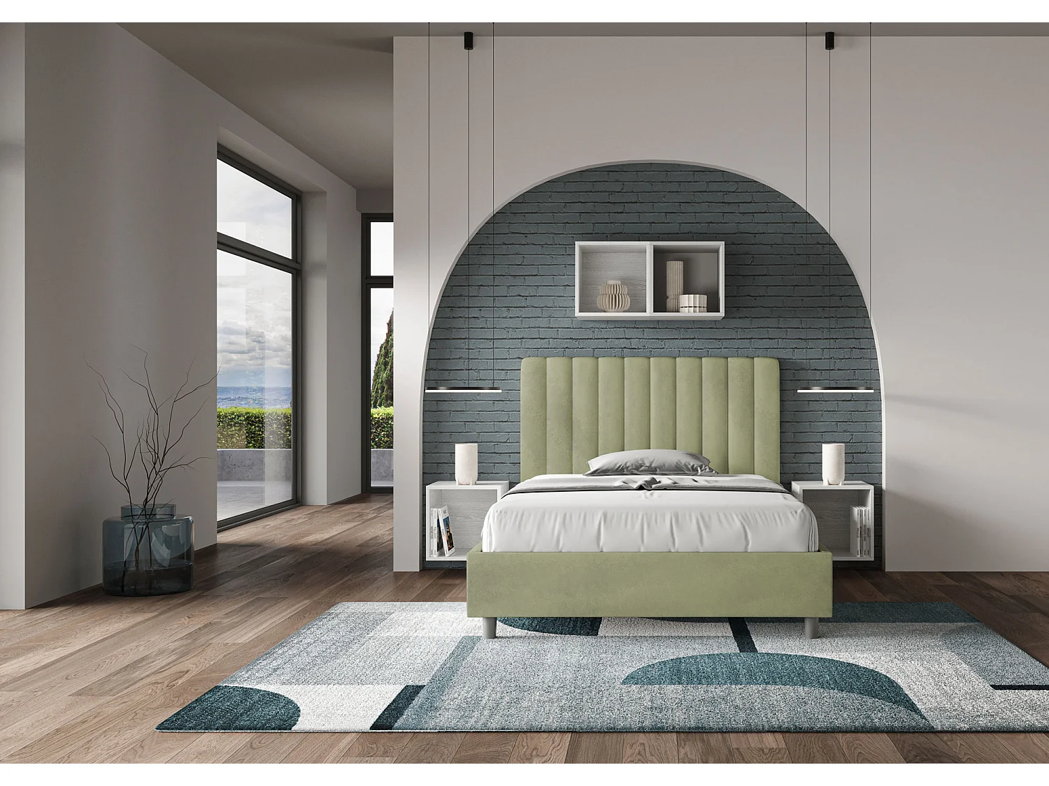 Cama de una plaza y medio con almacenaje acolchada 120x190 microfibra verde Agueda