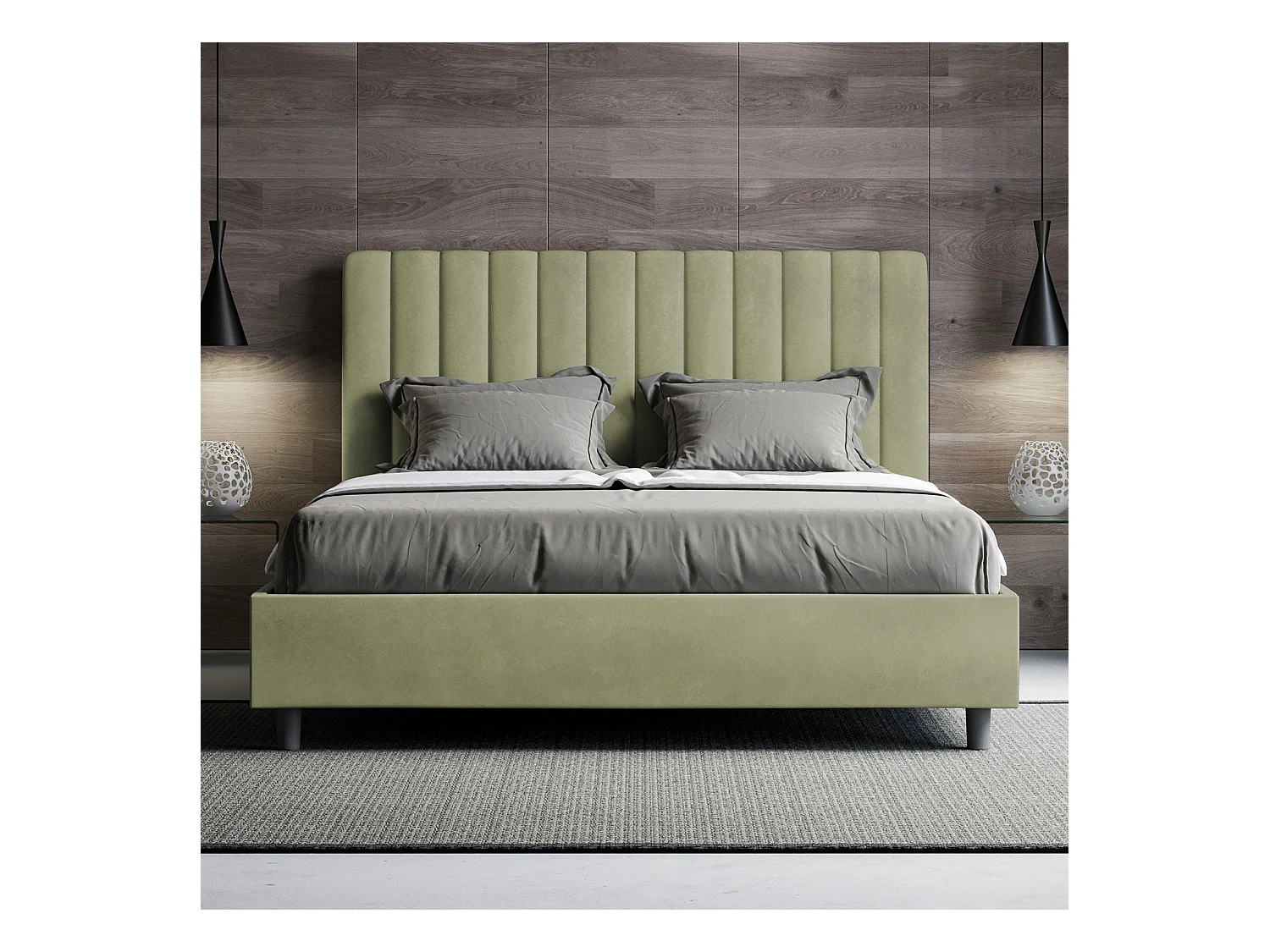 Lit double avec sommier rembourré 140x190 microfibre vert Agueda