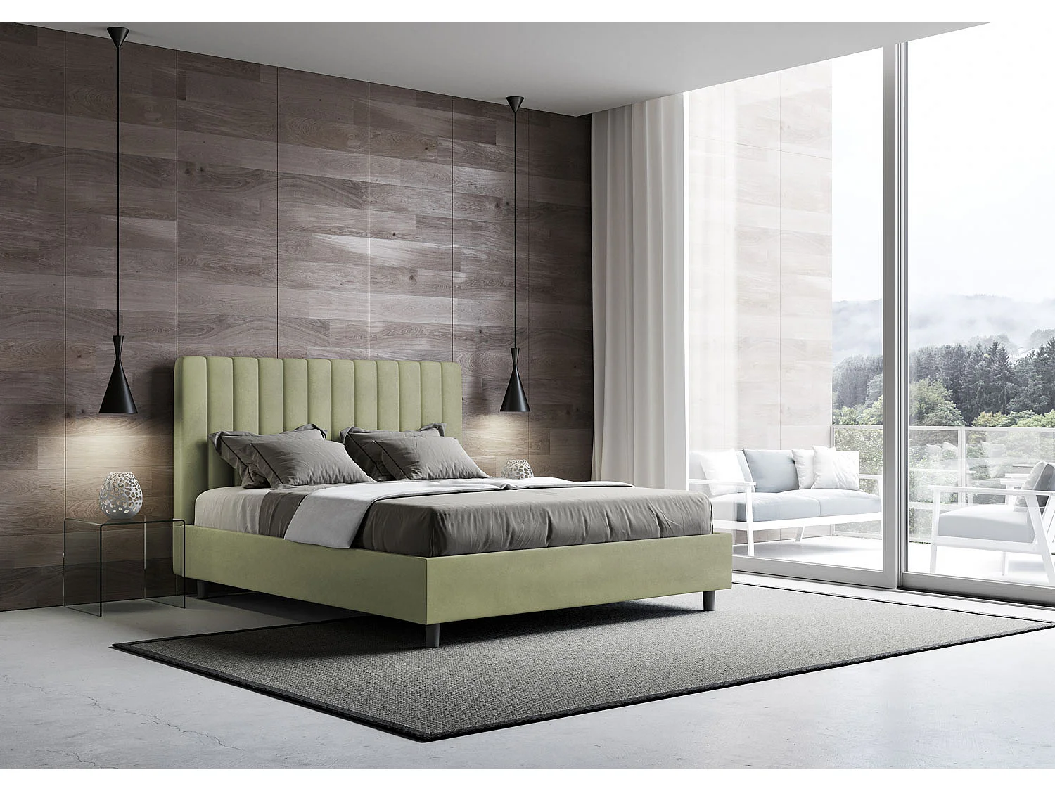 Lit double avec sommier rembourré 140x190 microfibre vert Agueda