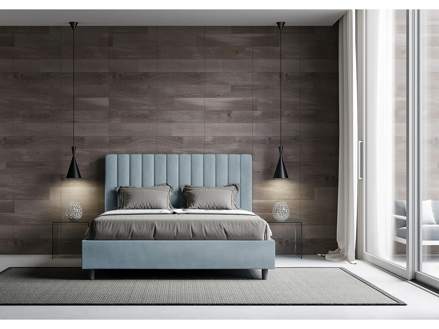 Nora gewatteerd tweepersoonsbed van microvezel met verticale lijnen-Kleur Lichtblauw-Slapen 160x200cm-Keuze Met kofferbak