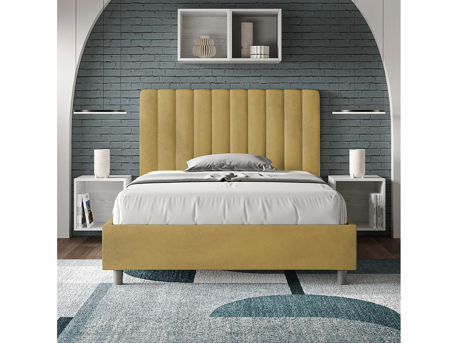 Cama de una plaza y medio con almacenaje acolchada 120x190 microfibra ocre Agueda