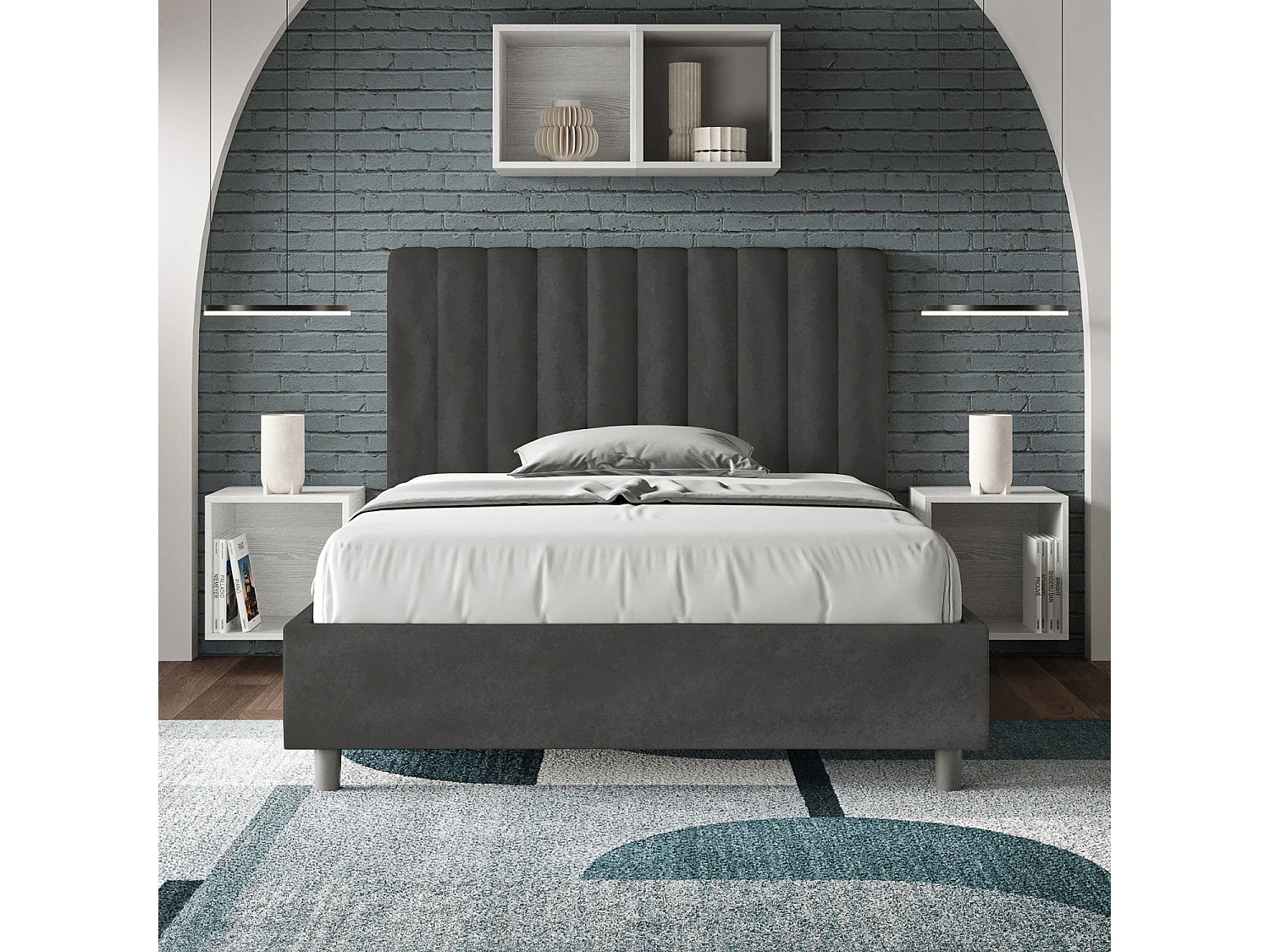 Nora gewatteerd tweepersoonsbed van microvezel met verticale lijnen-Kleur Donkergrijs-Slapen 120x190cm-Keuze Met kofferbak