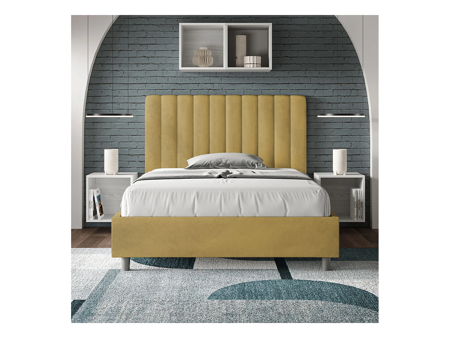 Cama doble acolchada de microfibra Nora con líneas verticales-Color Amarillo curry-Ropa de cama 120x190 cm-Opción Con base y sin caja
