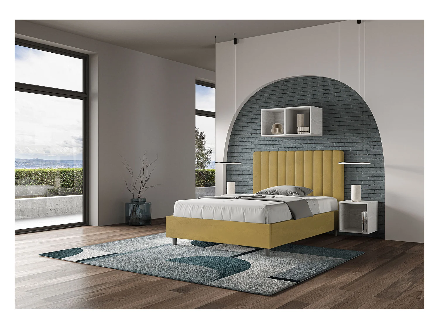 Cama doble acolchada de microfibra Nora con líneas verticales-Color Amarillo curry-Ropa de cama 120x190 cm-Opción Con base y sin caja