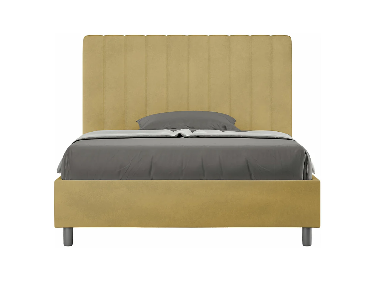 Cama doble acolchada de microfibra Nora con líneas verticales-Color Amarillo curry-Ropa de cama 120x190 cm-Opción Con base y sin caja