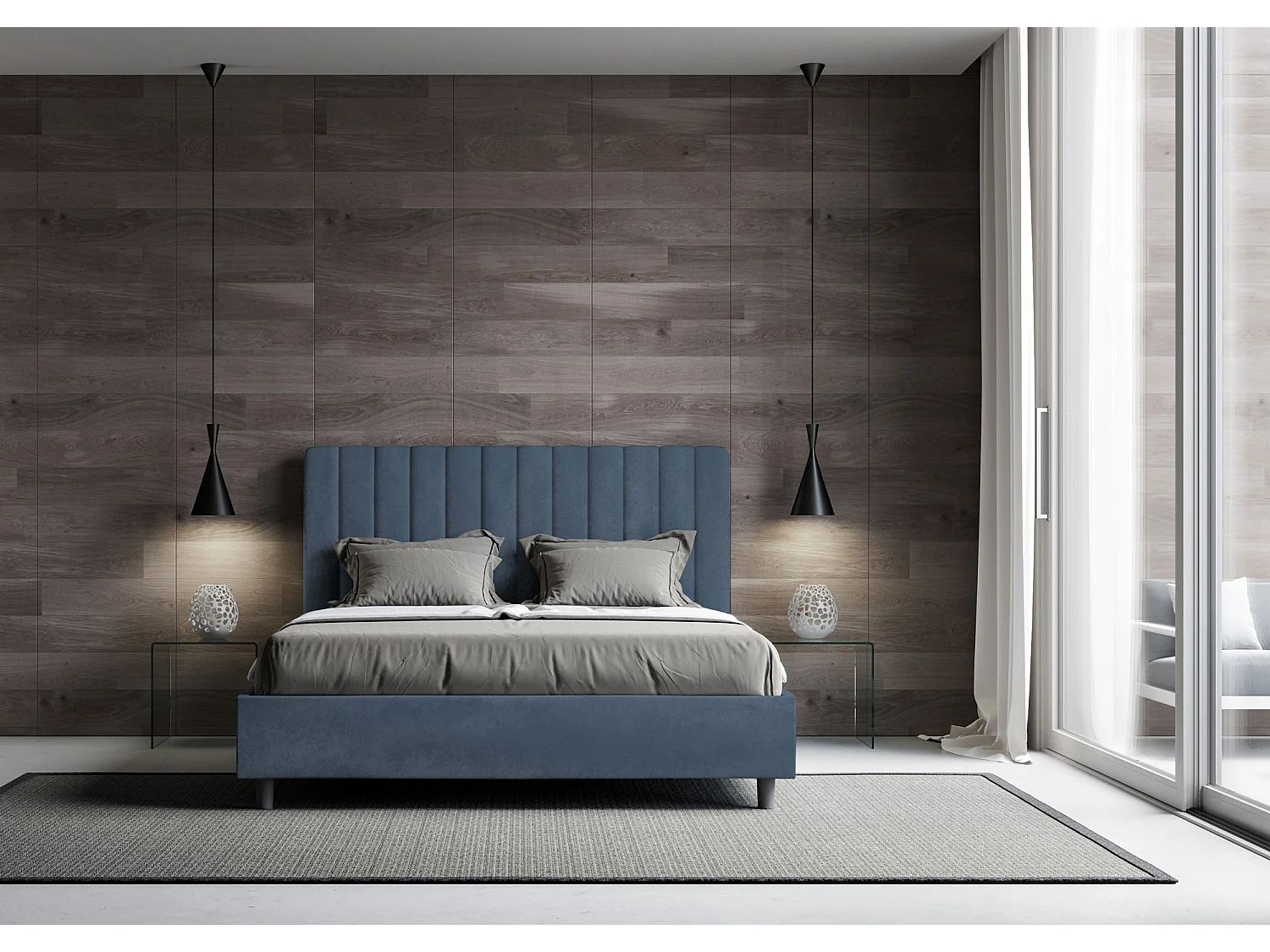 Gestoffeerd Bed 140x190 met lattenbodem microvezel blauw Agueda