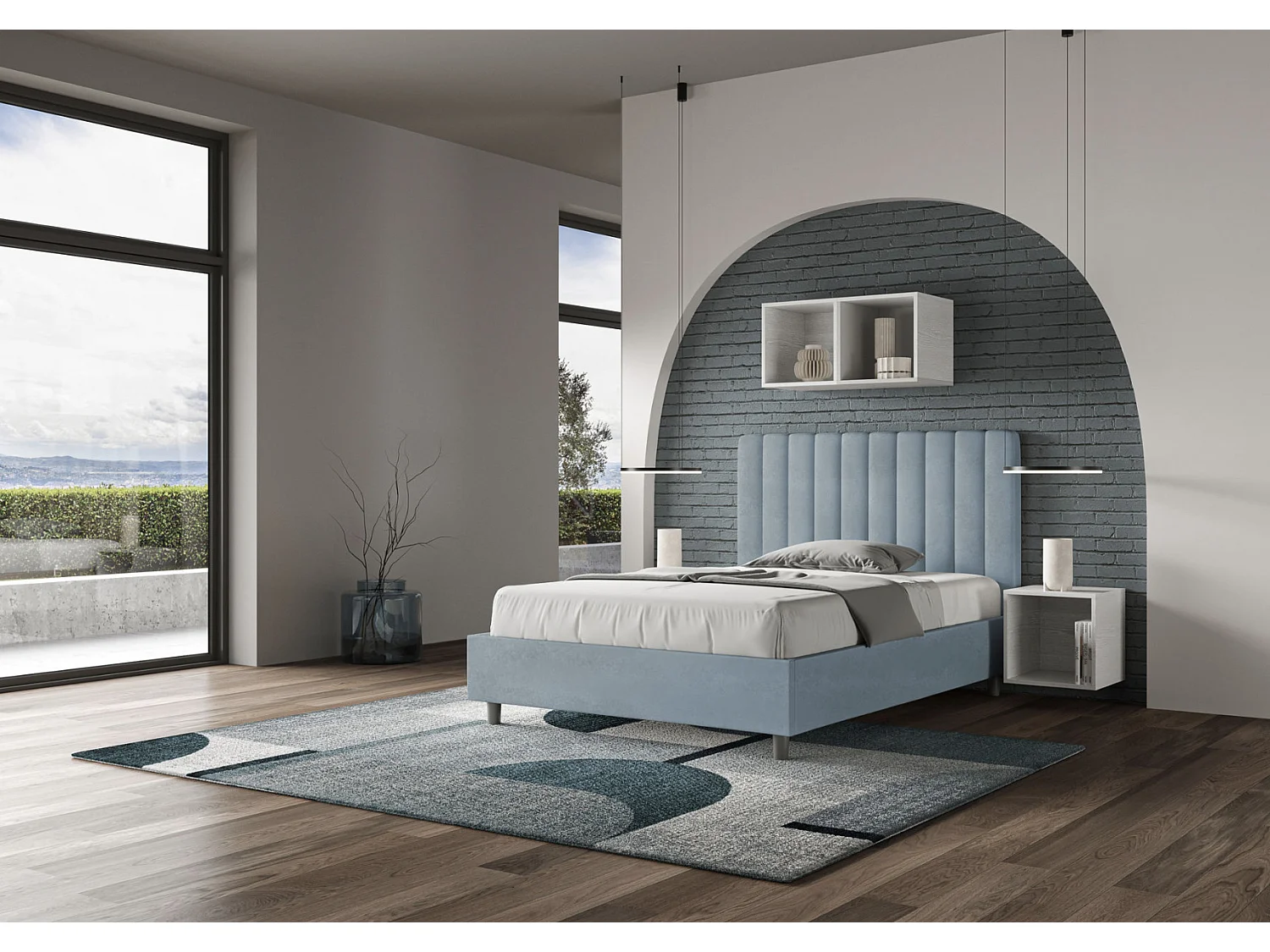 Nora gewatteerd tweepersoonsbed van microvezel met verticale lijnen-Kleur Lichtblauw-Slapen 120x190cm-Keuze Met kofferbak