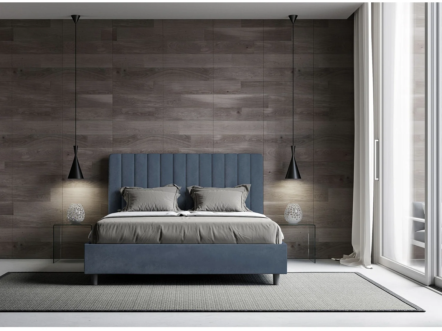 Nora gewatteerd tweepersoonsbed van microvezel met verticale lijnen-Kleur Lichtblauw-Slapen 120x190cm-Keuze Met kofferbak