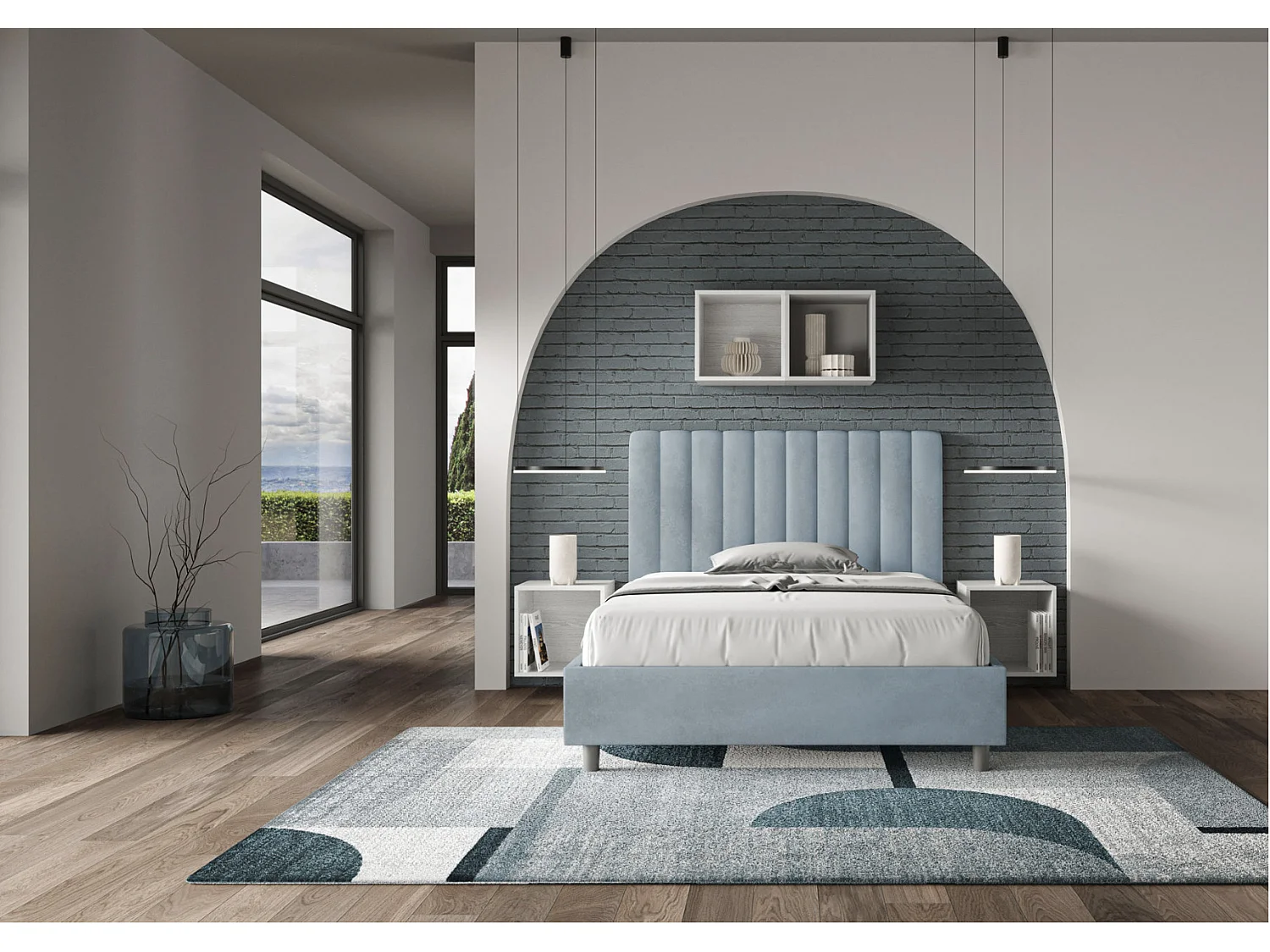 Nora gewatteerd tweepersoonsbed van microvezel met verticale lijnen-Kleur Lichtblauw-Slapen 120x190cm-Keuze Met kofferbak