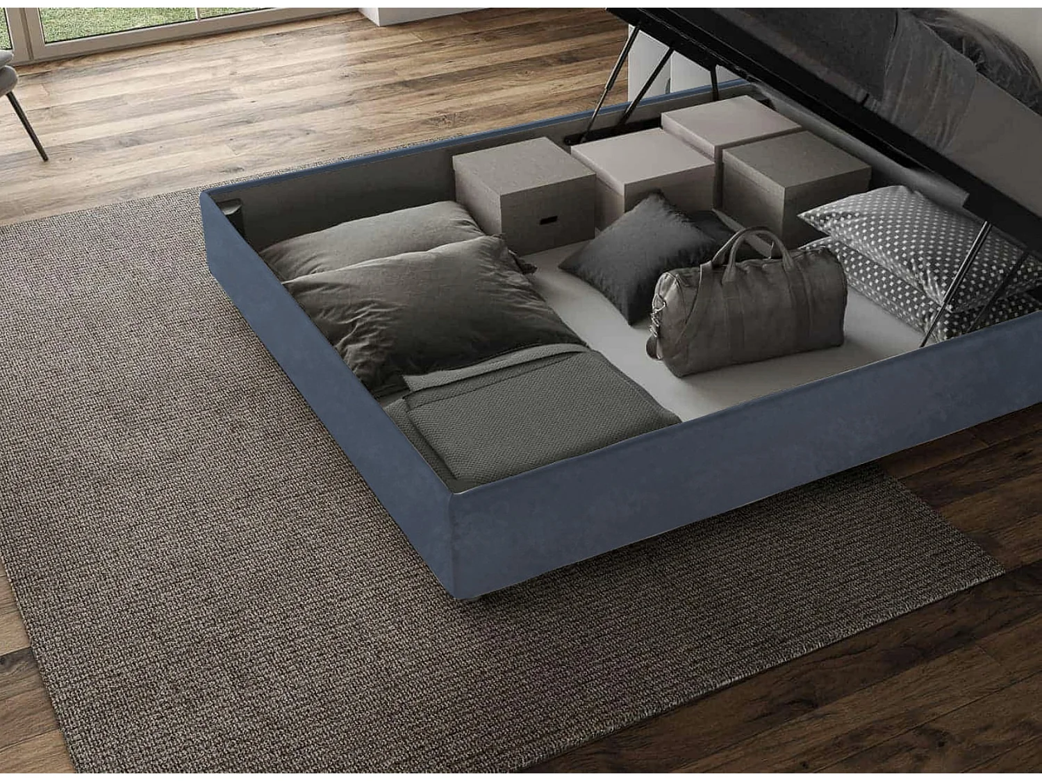 Nora gewatteerd tweepersoonsbed van microvezel met verticale lijnen-Kleur Lichtblauw-Slapen 120x190cm-Keuze Met kofferbak