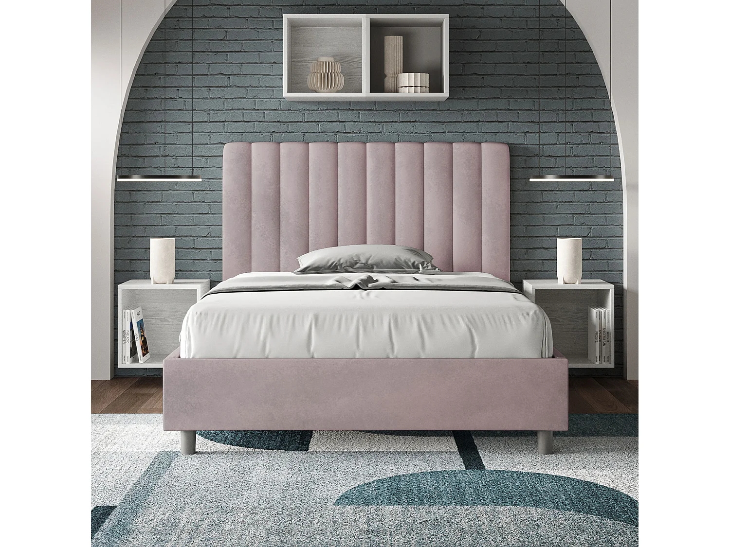 Nora gewatteerd tweepersoonsbed van microvezel met verticale lijnen-Kleur Lichtroze-Slapen 120x190cm-Keuze Zonder boxspring