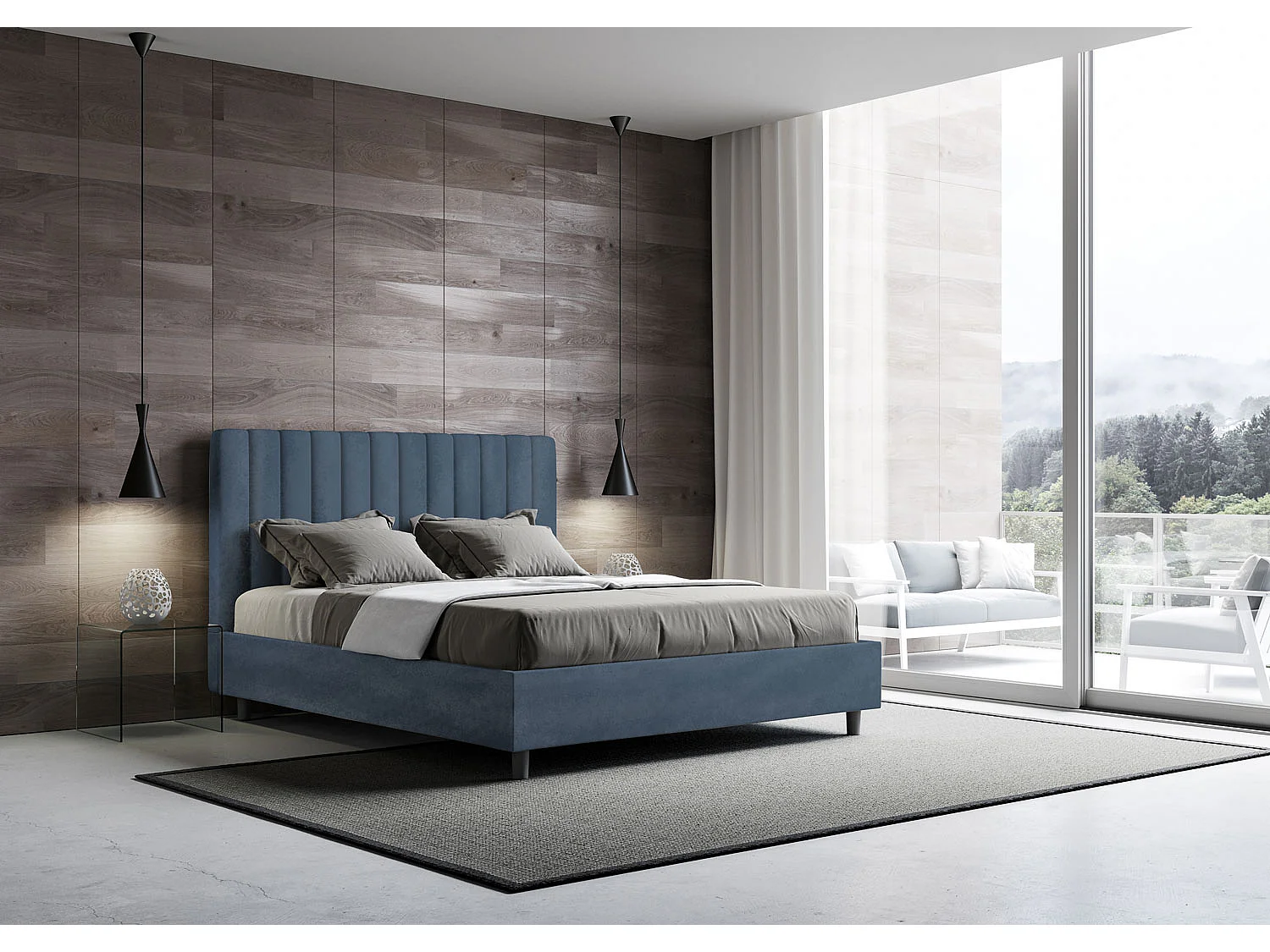 Cama de casal com arrumação estofada 140x190 microfibra azul Agueda