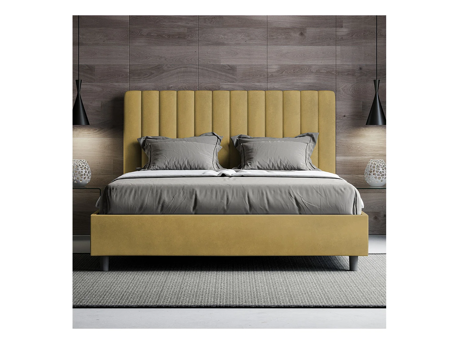 Nora gewatteerd tweepersoonsbed van microvezel met verticale lijnen-Kleur Kerrie geel-Slapen 140x190cm-Keuze Met boxspring