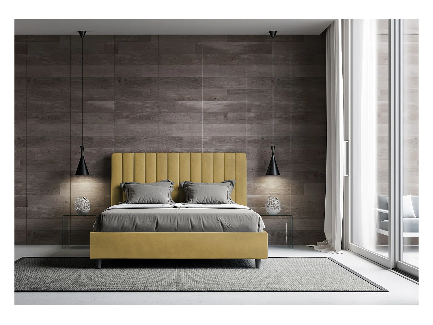 Nora gewatteerd tweepersoonsbed van microvezel met verticale lijnen-Kleur Kerrie geel-Slapen 140x190cm-Keuze Met boxspring