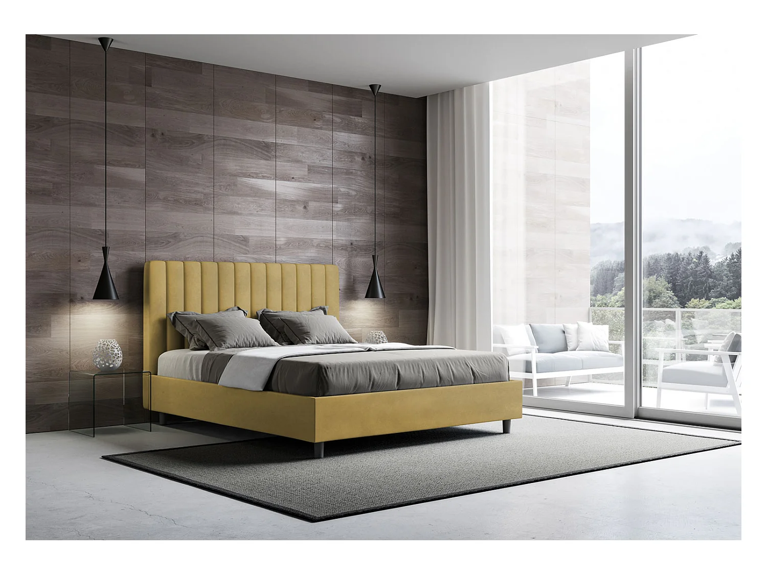 Nora gewatteerd tweepersoonsbed van microvezel met verticale lijnen-Kleur Kerrie geel-Slapen 140x190cm-Keuze Met boxspring