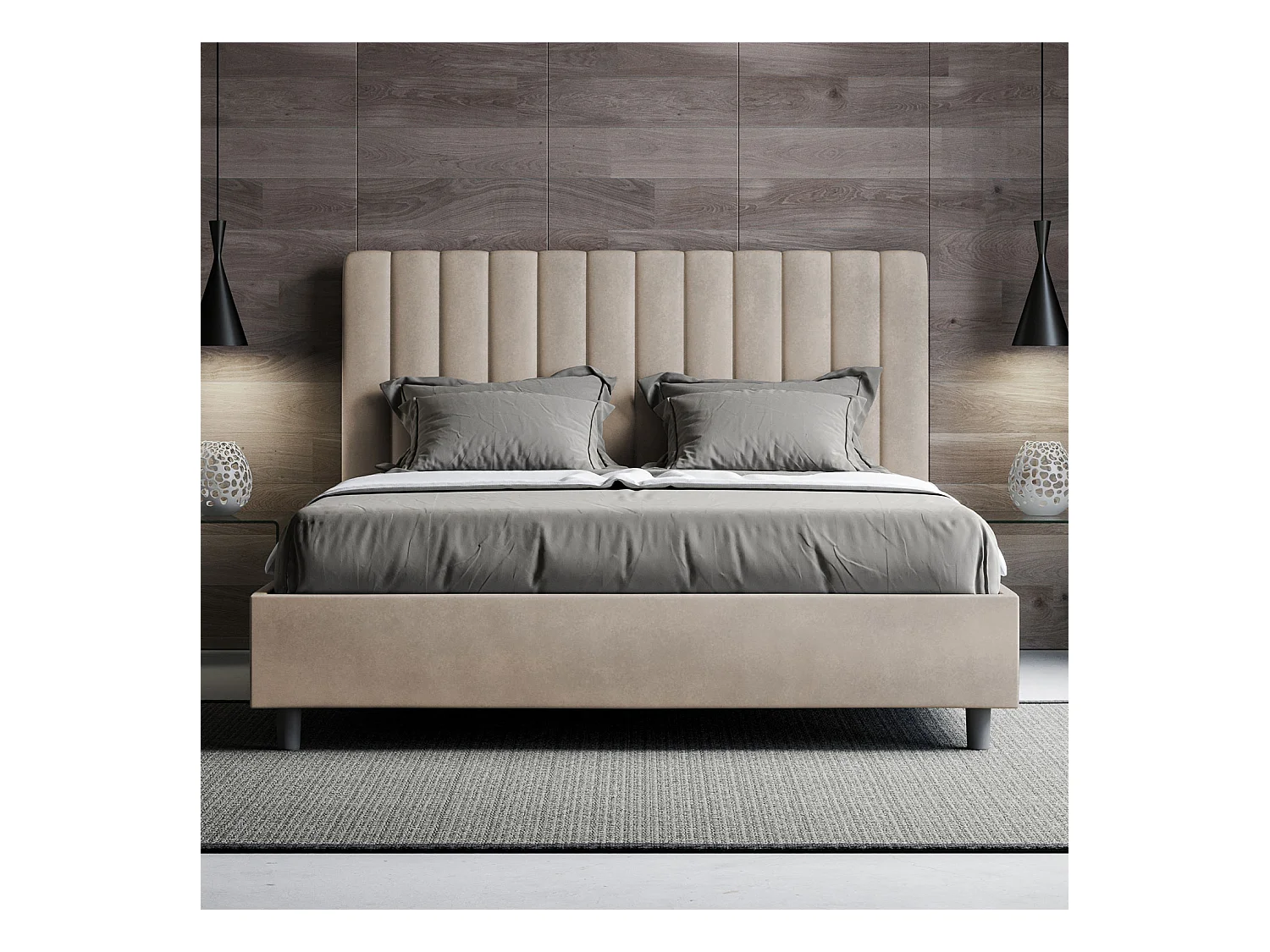 Nora gewatteerd tweepersoonsbed van microvezel met verticale lijnen-Kleur Beige-Slapen 160x200cm-Keuze Zonder boxspring