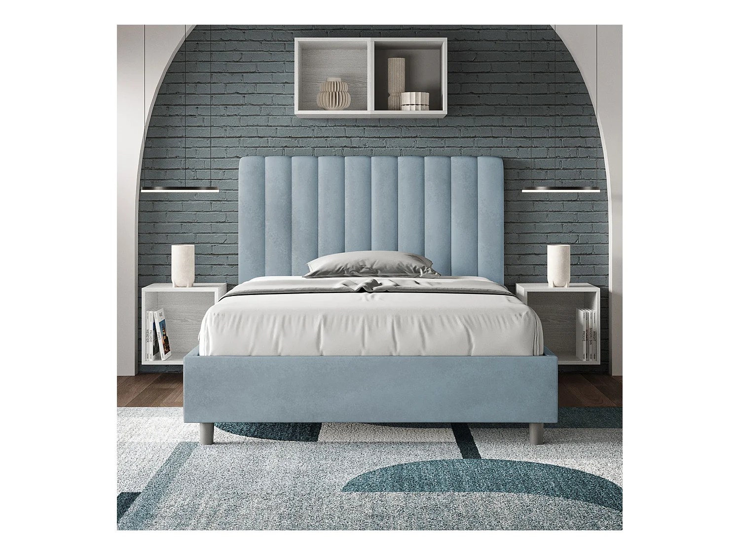 Lit 1 place et demi avec sommier rembourré 120x190 microfibre bleu clair Agueda