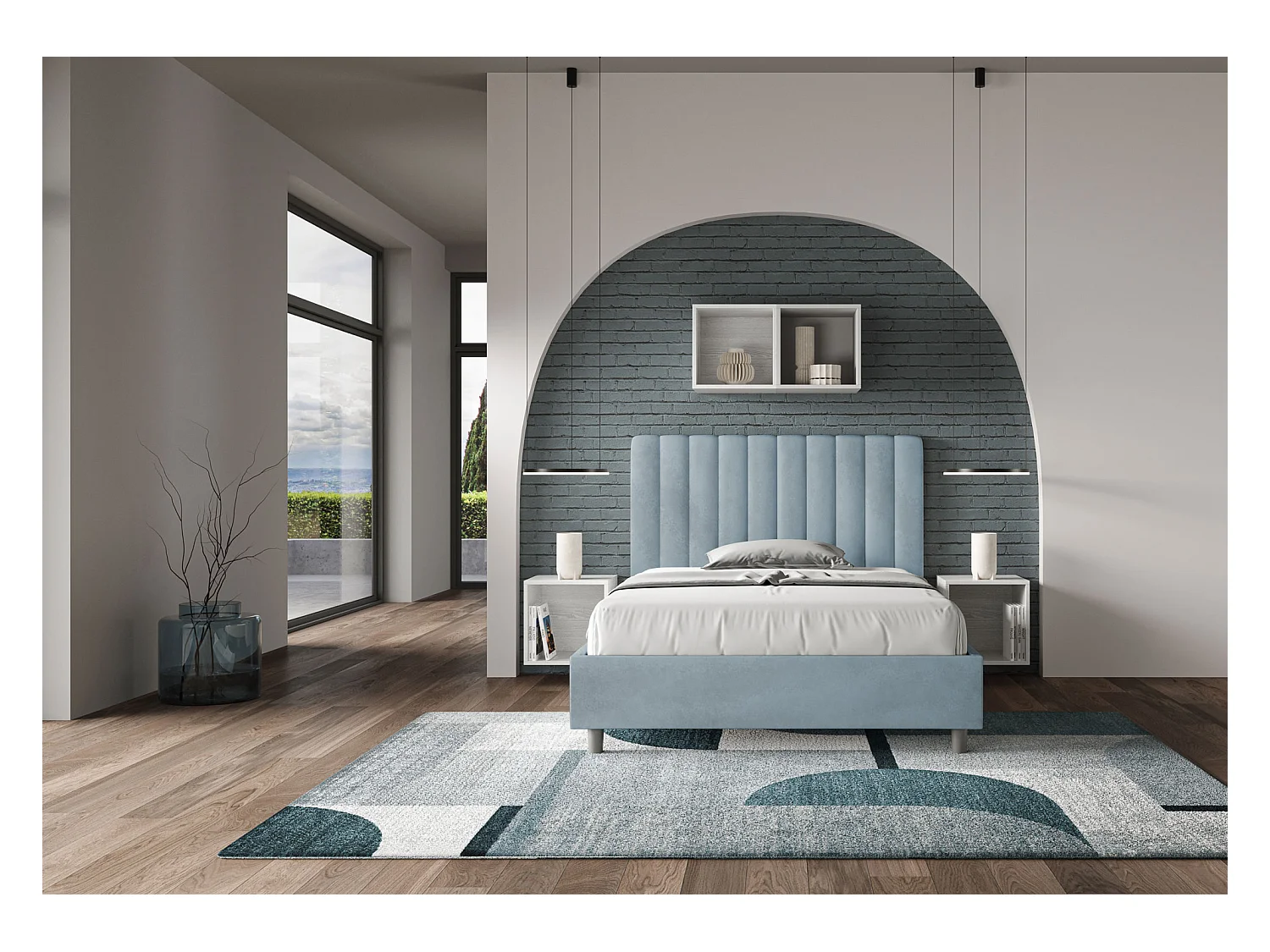 Lit 1 place et demi avec sommier rembourré 120x190 microfibre bleu clair Agueda