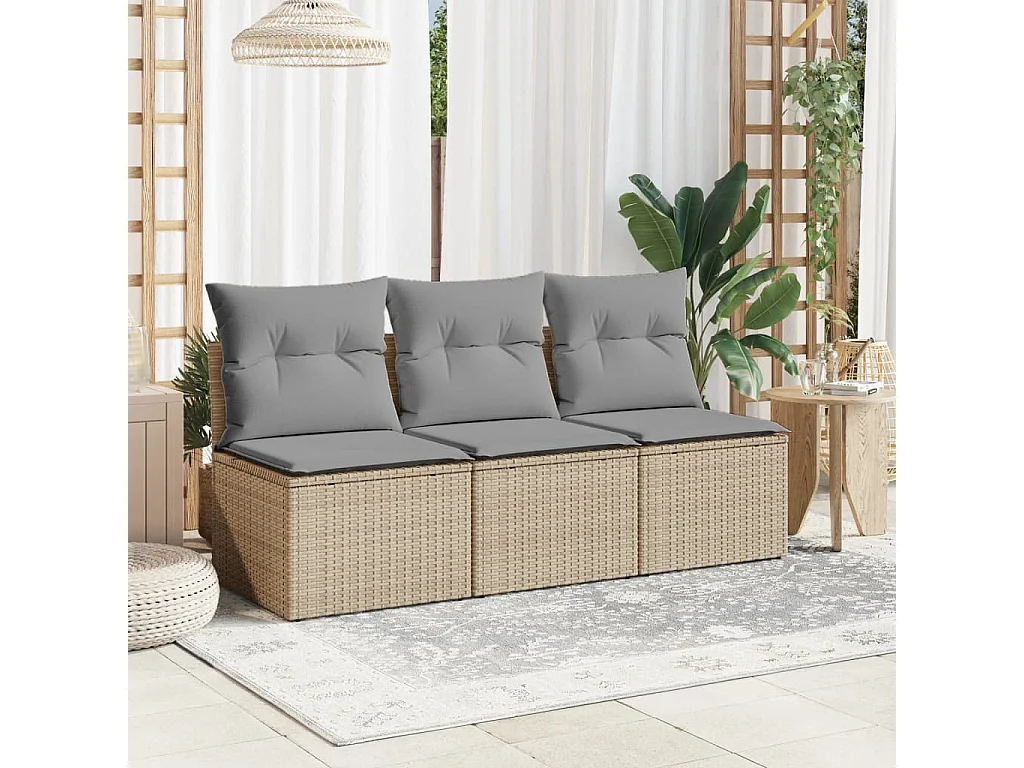 Canapé de jardin avec coussins 3 places beige résine tressée