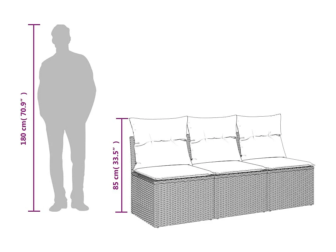 Canapé de jardin avec coussins 3 places beige résine tressée