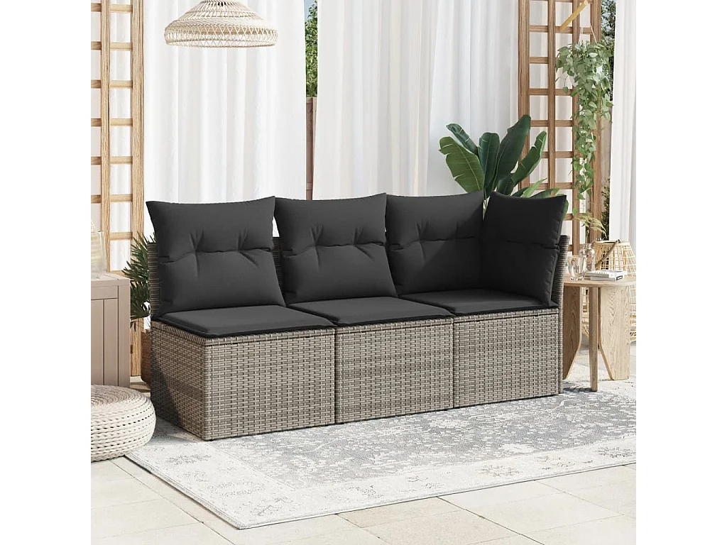 Canapé de jardin avec coussins 3 places gris résine tressée