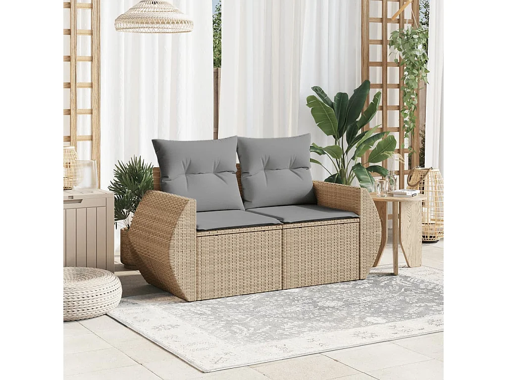 Canapé de jardin avec coussins 2 places beige résine tressée