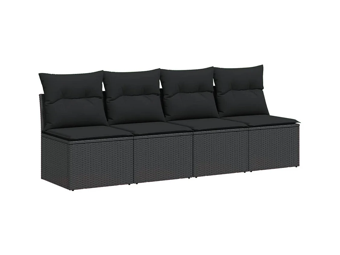 Canapé de jardin avec coussins 4 places noir résine tressée