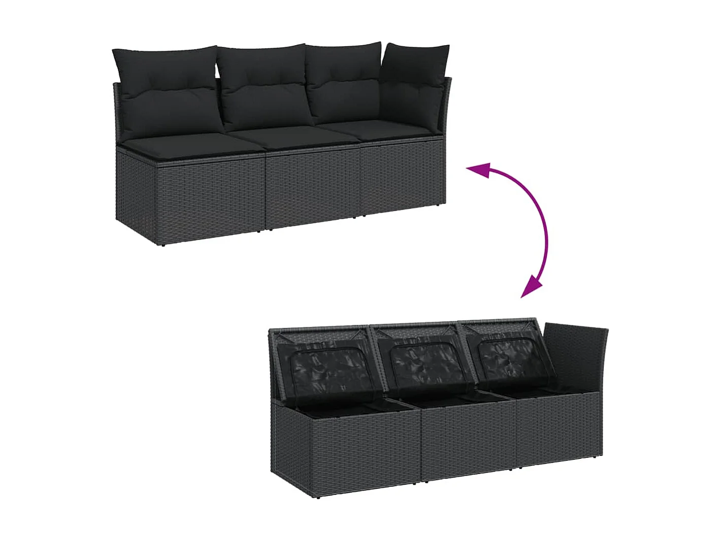 Canapé de jardin avec coussins 3 places noir résine tressée