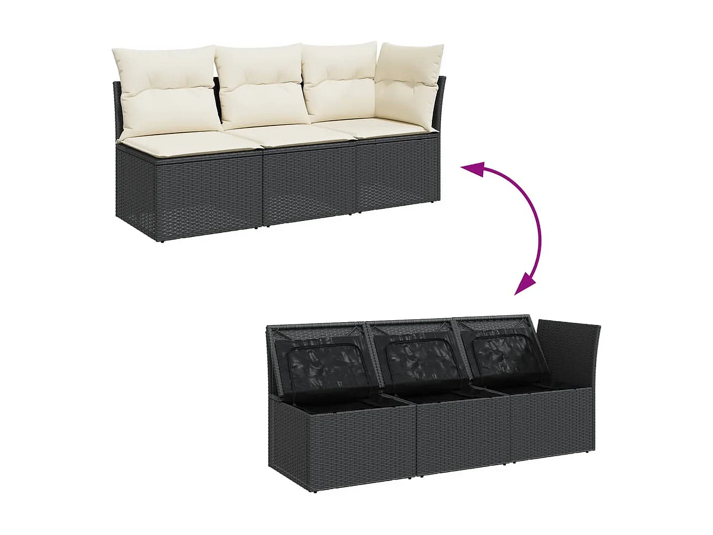 Canapé de jardin avec coussins 3 places noir résine tressée