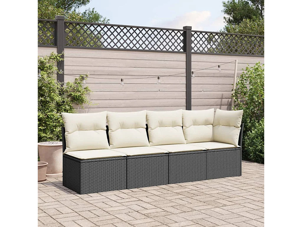 Canapé de jardin avec coussins 4 places noir résine tressée