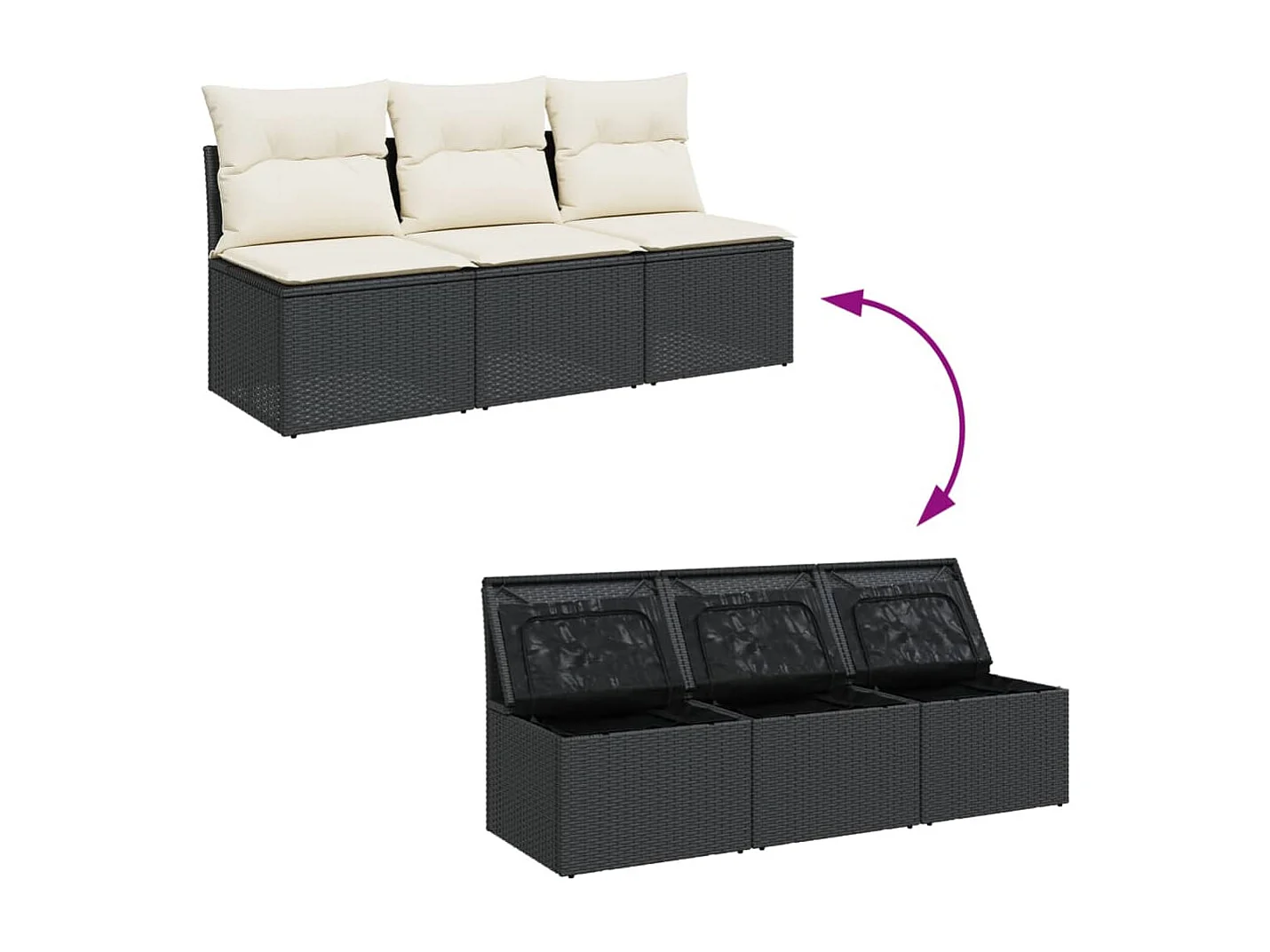 Canapé de jardin avec coussins 3 places noir résine tressée