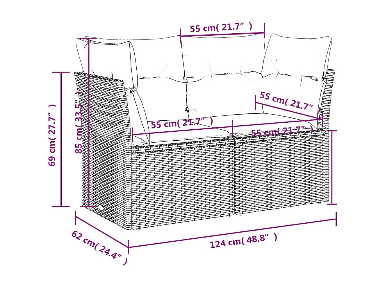Canapé de jardin avec coussins 2 places beige résine tressée