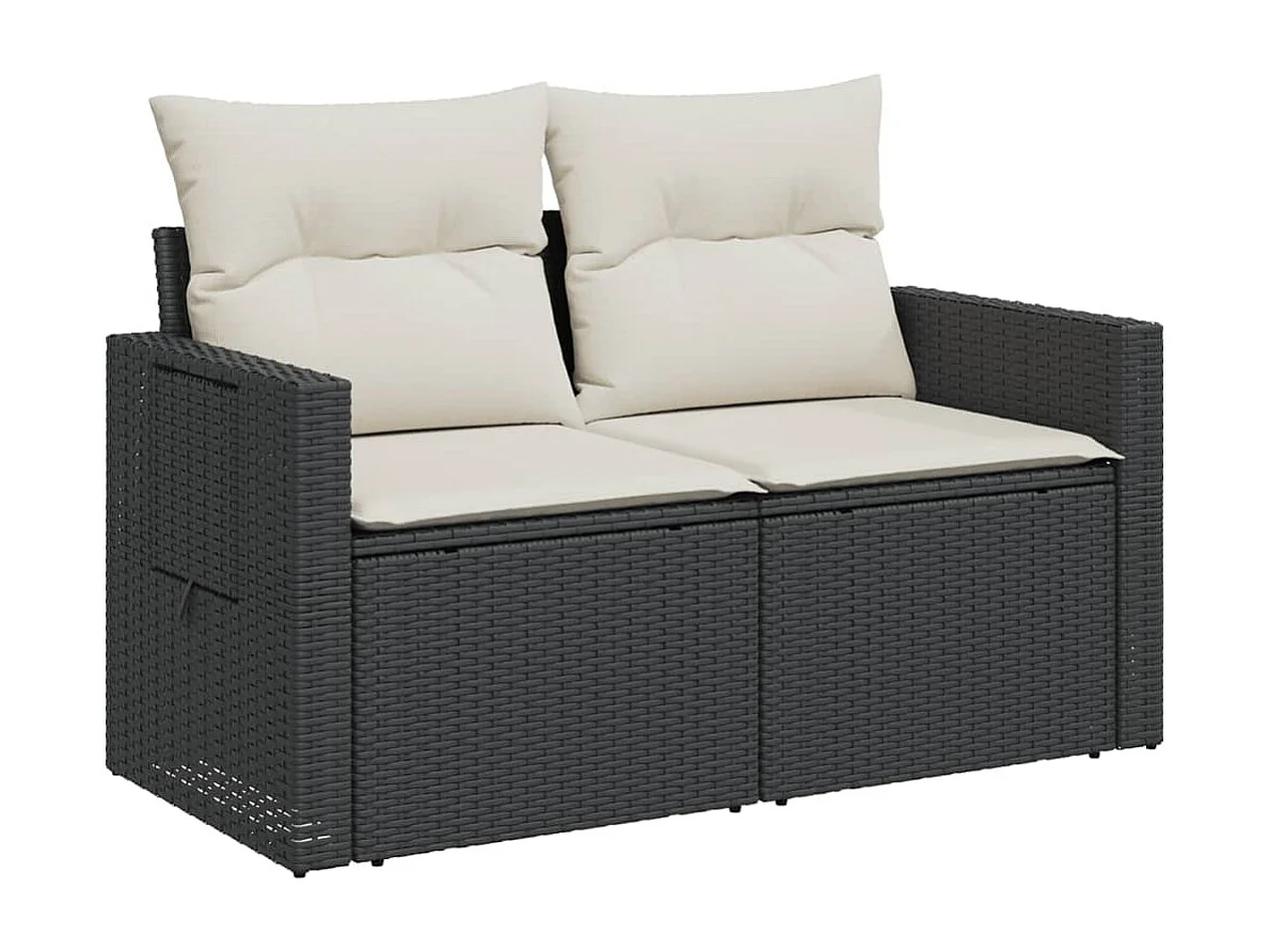 Canapé de jardin avec coussins 2 places noir résine tressée